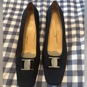 Salvatore Ferragamo Black Flats with Silver Buckle